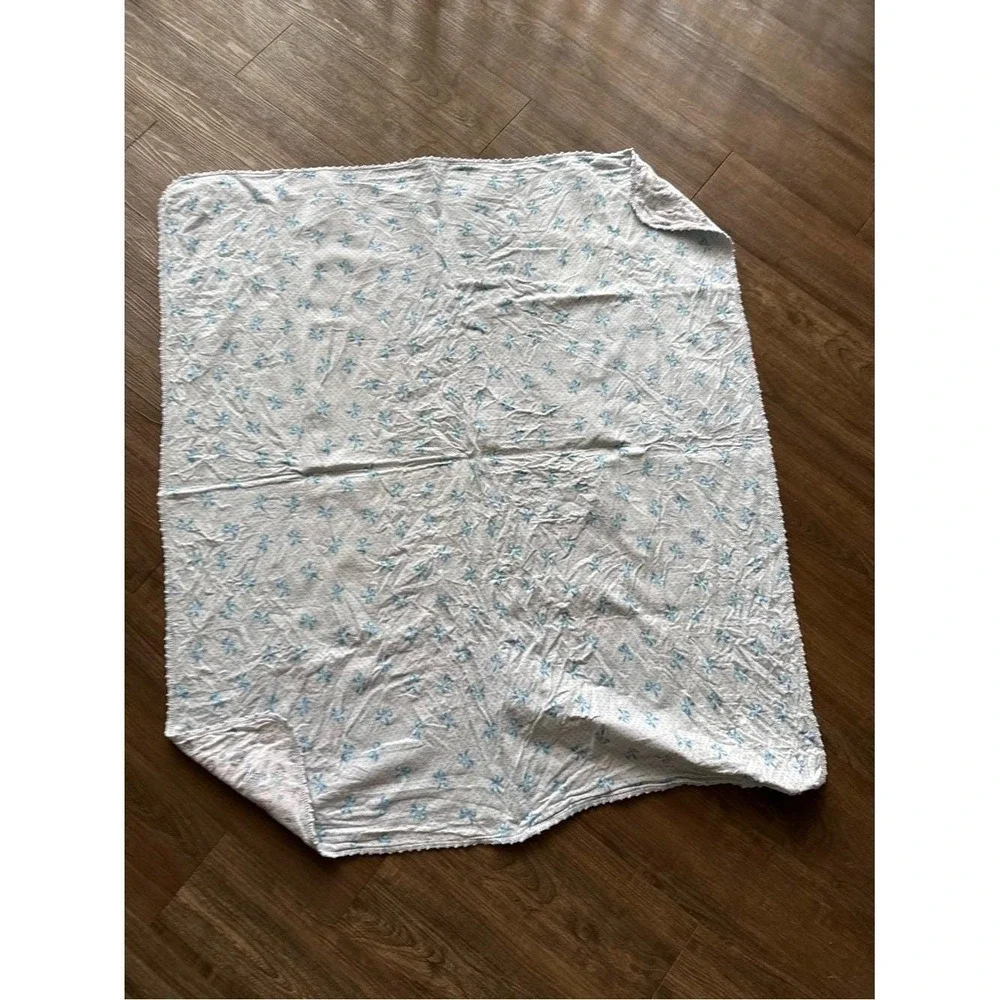 Vintage Reversible Baby Blanket Blue Bow Polka Dot Sleepy Bear Crochet Trim Kids